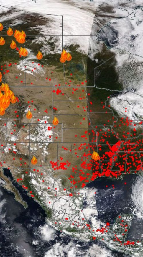satellite image of the earth with overlay of active fires