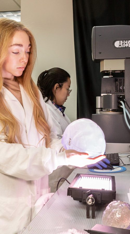 Undergraduate researcher Grace Kreissler holds a clear 3D-printed skull that the researchers created to aid in their investigation of traumatic brain injuries. PHOTO BY JOEL HALLBERG