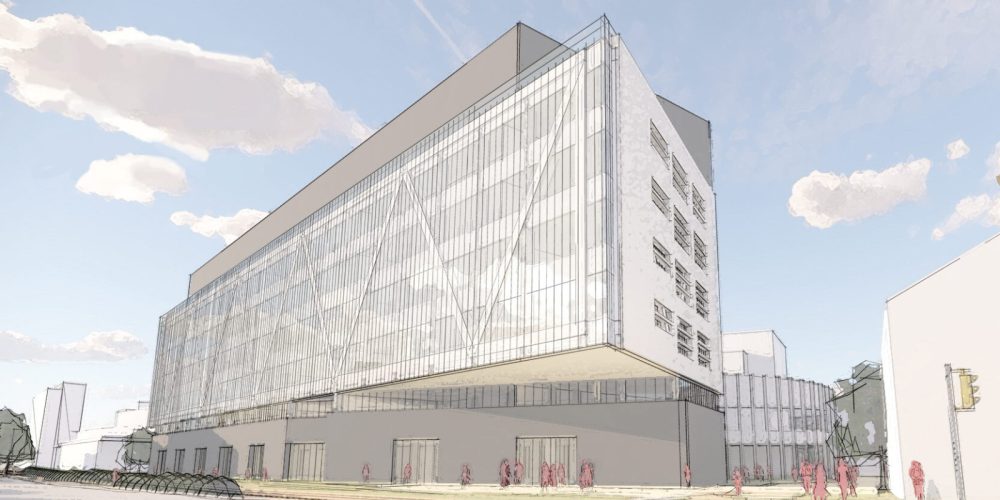 Artistic rendering showing corner perspective of new engineer building.